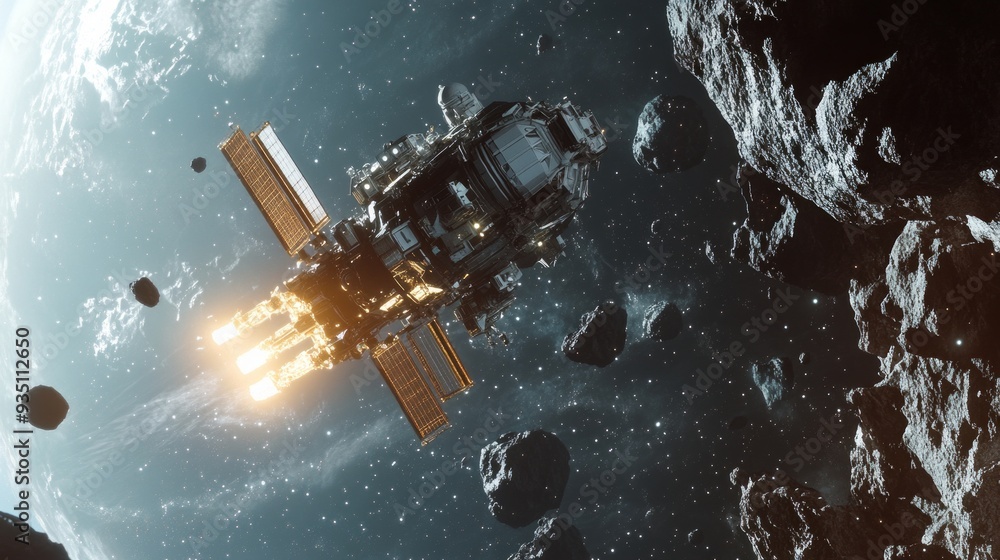 Poster a futuristic spacecraft navigates through a field of asteroids. the design showcases advanced techno
