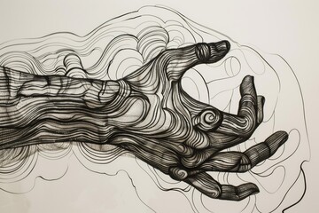 A black and white depiction of a hand displaying a unique pattern, focusing on the elegance of its design, A hand with intricate, swirling lines, AI generated
