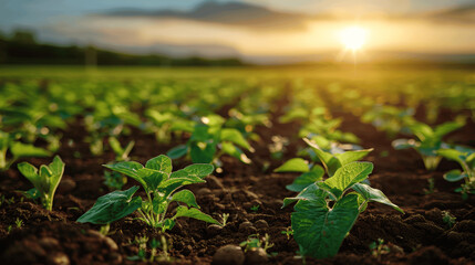 Young Plants Growing In Agricultural Field During Sunset