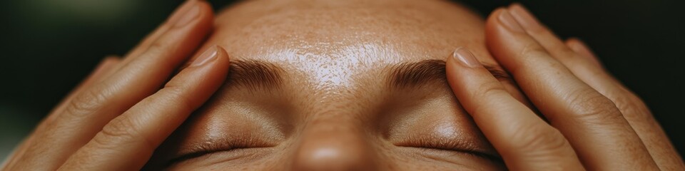 Fototapeta premium The therapists hands gently pressing reflex points on the clients face with a calming natural background