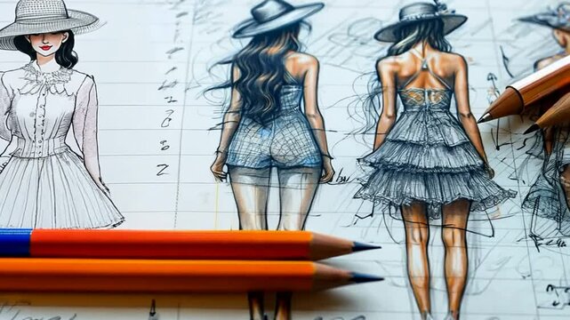 Fashion design sketches of summer dresses with detailed illustrations and colored pencils on a workspace in early afternoon light