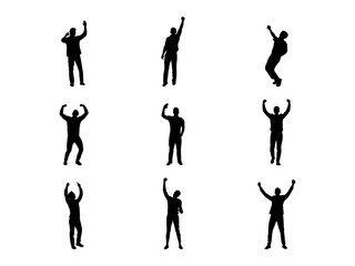 Set of Man Raising Hands Silhouette in various poses isolated on white background