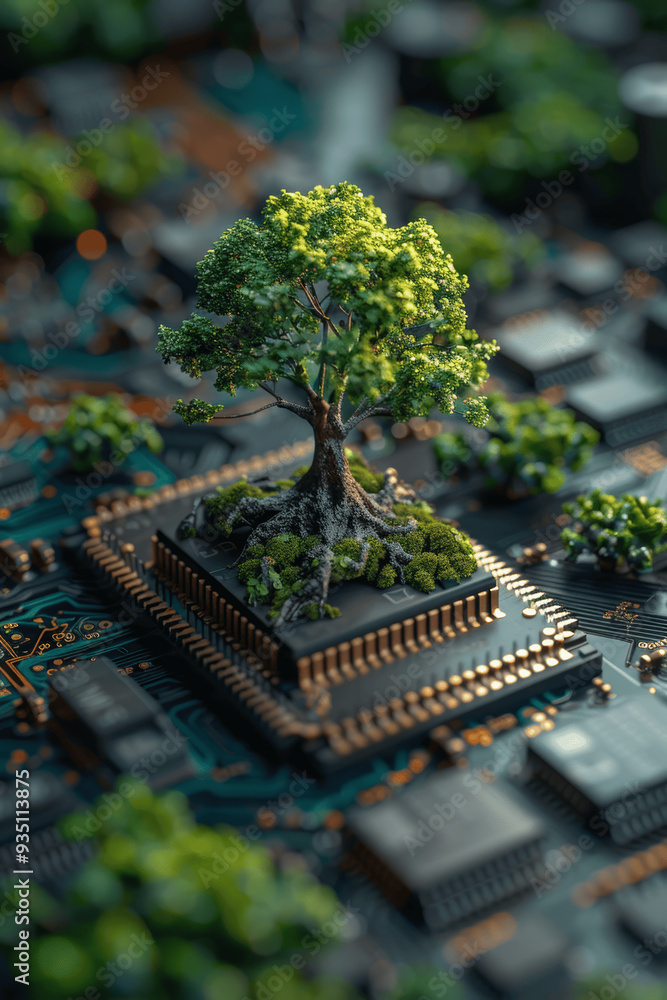 Poster tree growing out of microchip on circuit board symbolizing nature and technology integration
