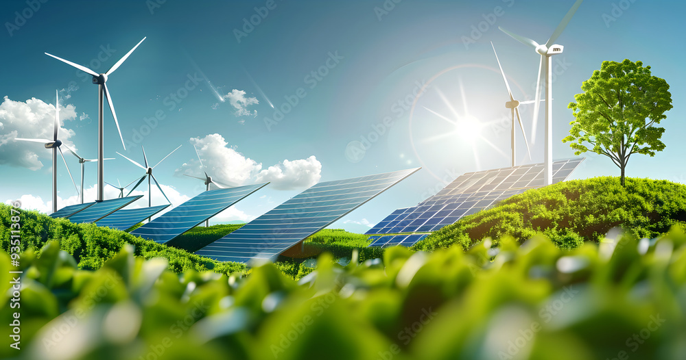 Canvas Prints renewable energy banner background with green energy as wind turbines and solar panels