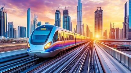 Dubai cityscape featuring a modern metro railway alongside skyscrapers at sunset. The scene includes traffic, trains, and buildings set against the urban skyline of the UAE.