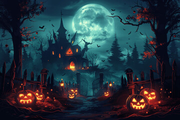 Spooky Halloween Haunted House With Full Moon And Glowing Jack-O'-Lanterns