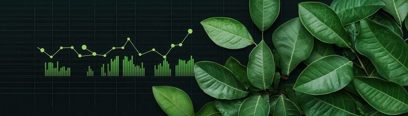 Green business concept, with digital charts and lush leaves growing around data visualizations, representing ecofriendly performance, greenery report, sustainability data