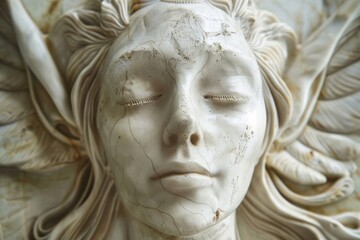 An artistic statue of a woman with wings, intertwined with flowers, illustrating a blend of femininity and nature's splendor, A heavenly being with a peaceful expression and delicate features, 