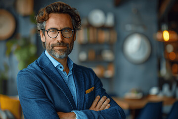 Fototapeta premium Middle Aged Man With Glasses And Beard In Blue Blazer Standing In Modern Interior