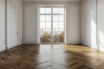 Obraz premium Spacious Elegant Room With Large Window City View Parquet Flooring Herringbone Pattern White Walls Intricate Moldings