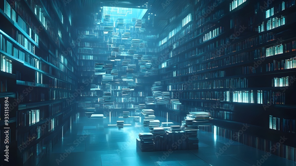 Poster ethereal futuristic digital landscape with floating illuminated cubes in surreal cyberspace environm