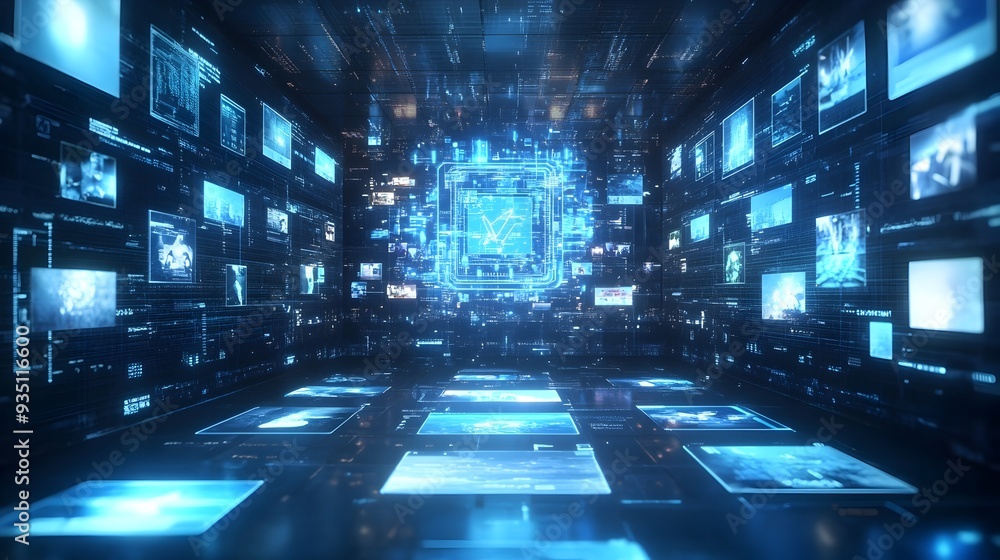 Poster futuristic digital data interface and visualization in cyberspace