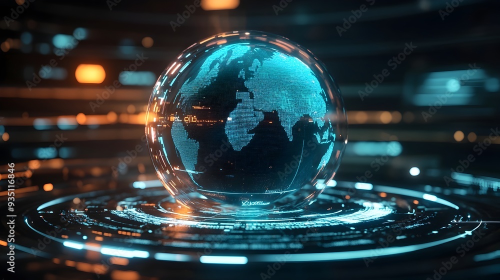Poster futuristic digital globe representing global connectivity data analytics and ai powered innovation
