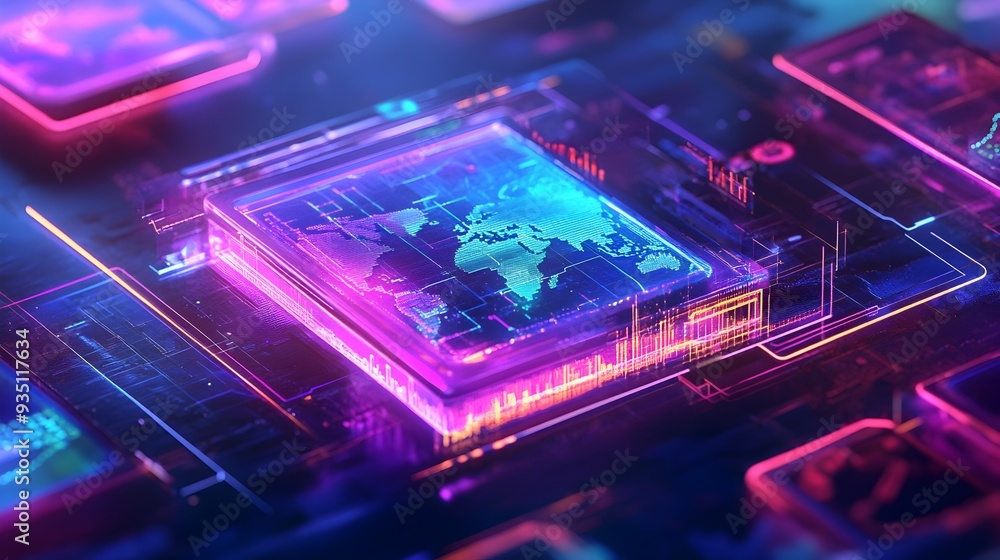 Poster futuristic global network and digital technology with colorful circuit board and world map
