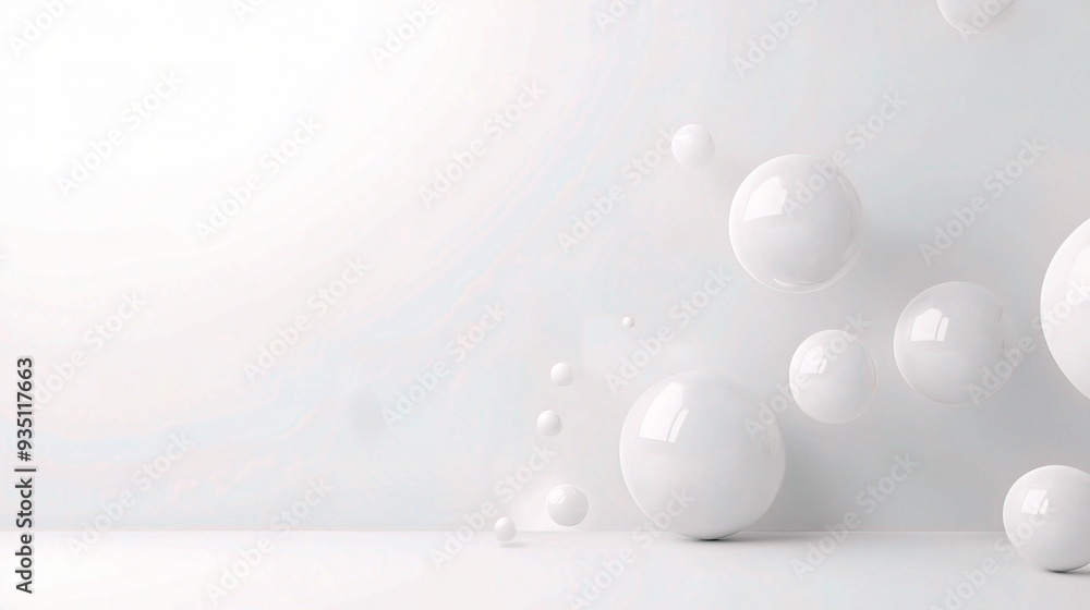 Poster floating spheres in white minimalist space: abstract art with white spheres floating in a minimalist