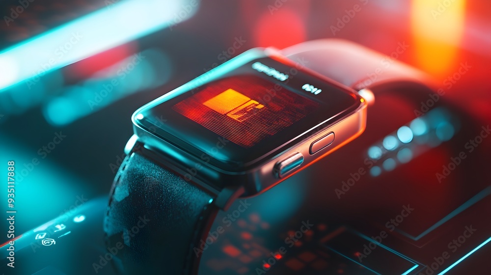 Poster futuristic digital interface with glowing colorful lights and buttons on blurred background