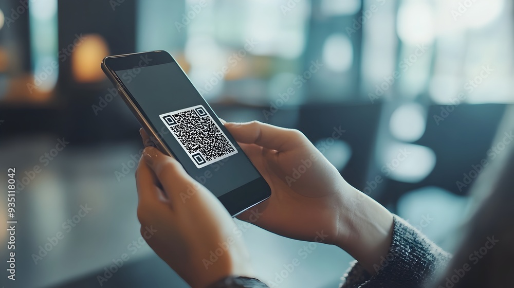 Poster person using smartphone with qr code on screen in office setting