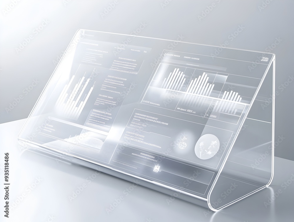 Poster clear acrylic display stand mockup on desk with minimal background for product presentation and bran