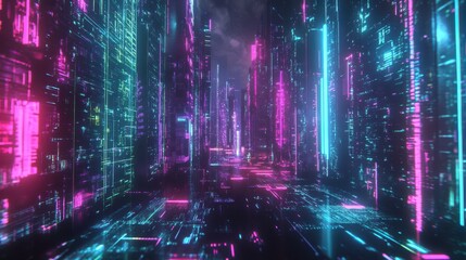 Fototapeta premium A futuristic digital cityscape with vibrant neon lights and a cyberpunk aesthetic.