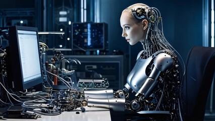 cyber woman with computer