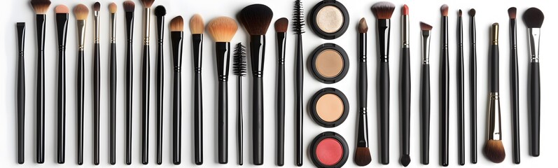 Set of cosmetic products for makeup with natural brushes. 