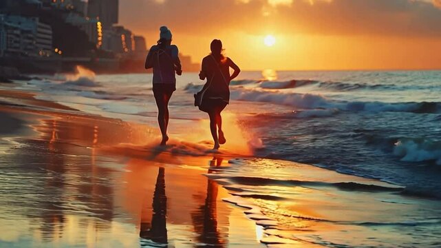 Two women jogging along a beach during sunset in a coastal city