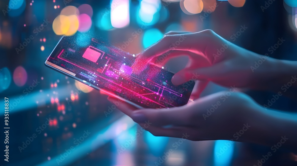 Poster hands holding illuminated smartphone with colorful neon bokeh lights in dark environment