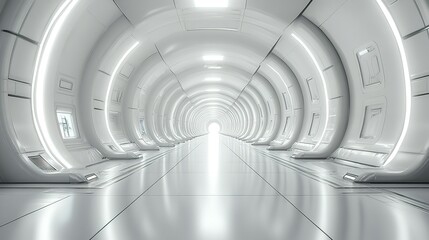 Futuristic White Corridor with Bright Light at the End