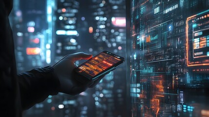 Futuristic digital landscape with smartphone controlling smart city skyline at night