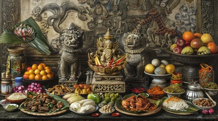 Obraz premium A Table Setting with Religious Statues, Fruit, and Food