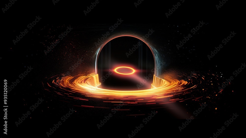 Poster illustration of a black hole where a 3d wormhole begins with 2d light particles being drawn into the