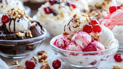 A bowl of ice cream with vanilla, strawberry, and chocolate flavors topped with cherries, nuts, and chocolate sauce.