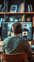 Fototapeta premium A man wearing headphones is sitting in front of a computer monitor with three ot