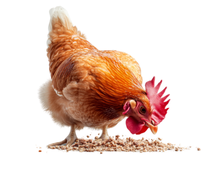 A brown chicken pecking at the ground, isolated on a white background. Ideal for agricultural and farm-related content.