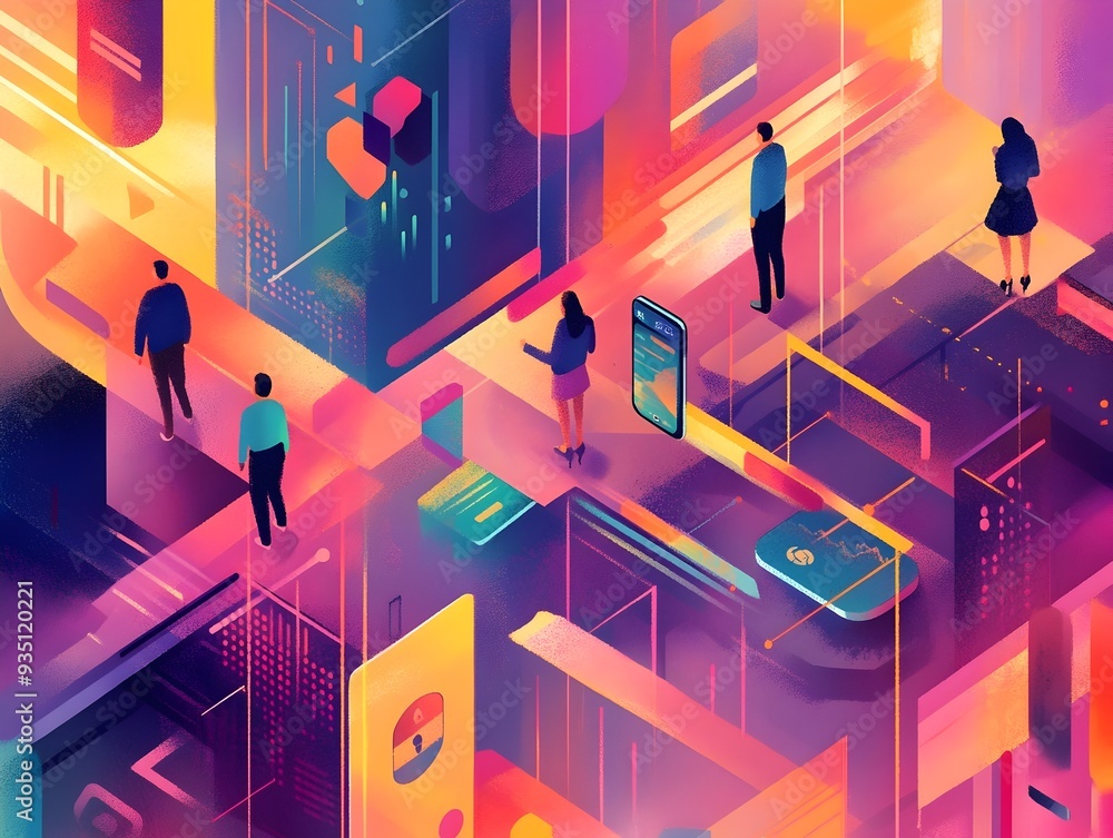 Poster futuristic neon lit cityscape with geometric patterns and pathways reflecting innovation and technol