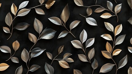 A seamless pattern of black and gray leaves on a cream background