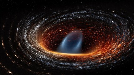 Illustration of a black hole where a 3D wormhole begins with 2D light particles being drawn into the portal visualizing the theoretical connection between different parts of the cosmos