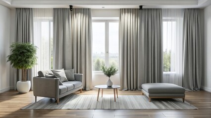 Fototapeta premium Crisp gray curtains against white walls create a minimalist space with clean lines and shapes, emphasizing simplicity and modernity.