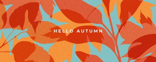 Fall season horizontal background with bright abstract autumn leaves. Autumn modern art minimalist style design template for sales, horizontal poster, header, cover, social media, fashion ads, decor.