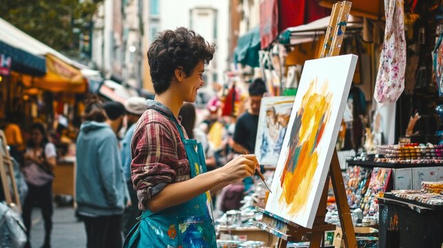 A young artist creates vibrant art on a busy market street. Colorful stalls and people surround them. This image captures creativity and the lively atmosphere of urban art. AI