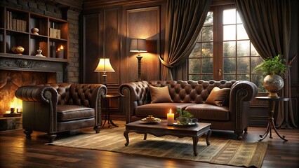 Naklejka premium Dark Chocolate Retreat Warm Cozy Ambiance Rich Velvet Upholstery Deep Wood Tones Luxurious Fabrics Dramatic Shadows Moody Intimacy Cozy Confines