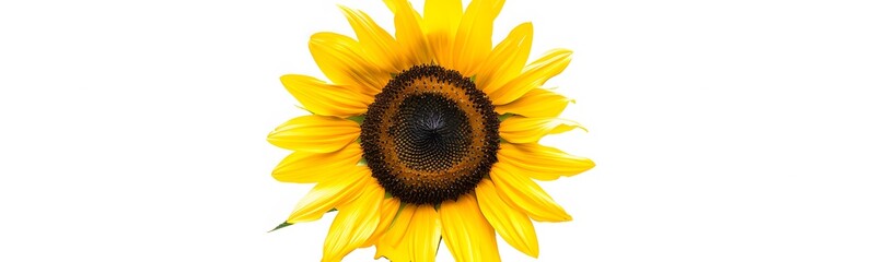 Obraz premium Ripe sunflower with yellow petals and dark middle, isolated on white background. 