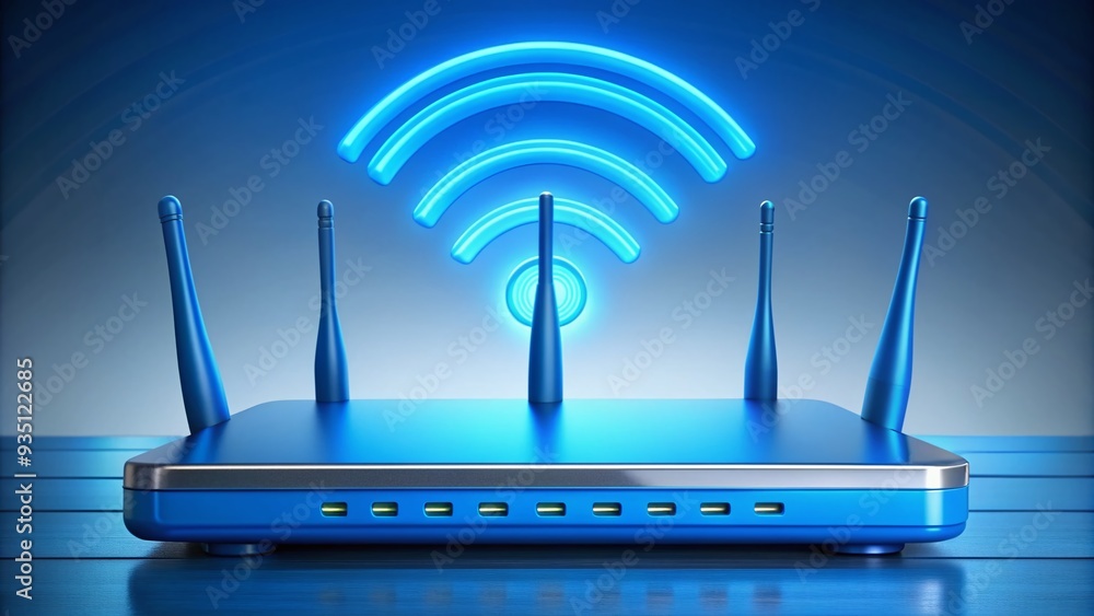 Poster a bright blue wireless router emits strong wifi signals, connecting multiple devices to a secure net