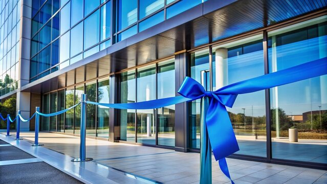 A bright blue ribbon is stretched across a modern building's entrance, awaiting a ceremonial cutting to mark a grand opening or new beginning occasion.