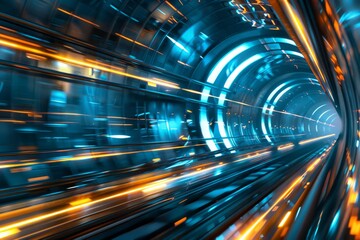 A blurred image captures a train swiftly traveling through a dark tunnel, emphasizing motion and speed, A hyperloop train traveling at incredible speeds through a vast network of tunnels. AI generated