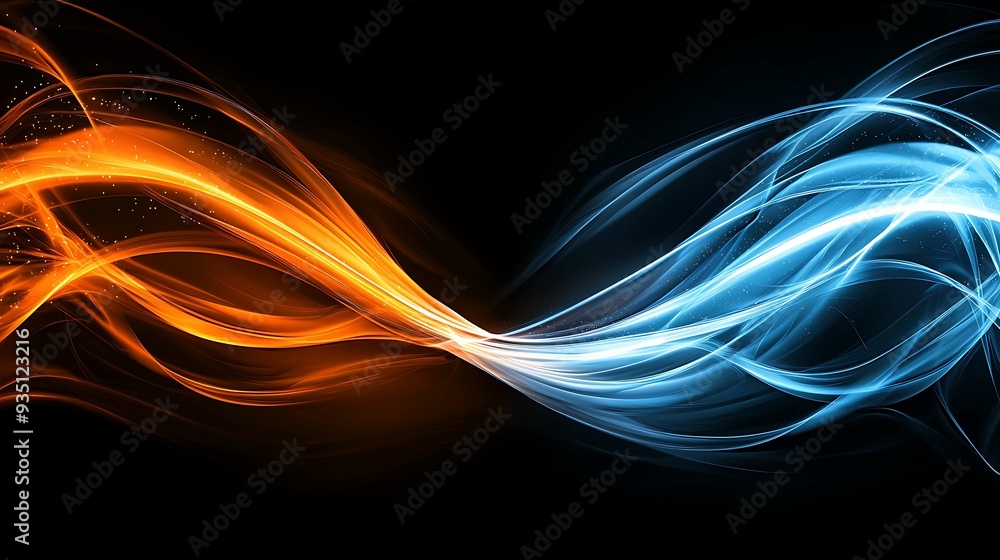 Poster intersecting waves of light in orange and blue, creating a vortex of energy on a dark background, co
