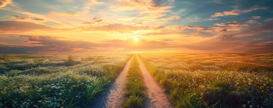 Wooden pathway leading to a beautiful sunrise horizon