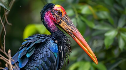 Elegant rainbow stork with black feathers