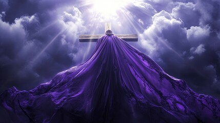 Flowing Purple Robe On Wooden Cross With Light From Heaven Shining Through The Clouds - The Resurrection And Ascension Of Jesus Christ with generative ai