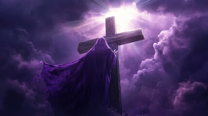 Flowing Purple Robe On Wooden Cross With Light From Heaven Shining Through The Clouds - The Resurrection And Ascension Of Jesus Christ with generative ai